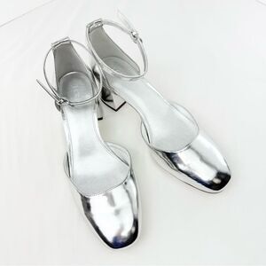 J. Crew Factory Silver Metallic Leather Closed Toe Block Heel Party Shoes